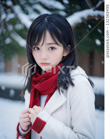 一位年輕女子在雪夜裡孤獨地站在閃閃發光的聖誕燈飾下 132368498