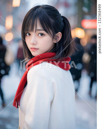 一位年輕女子在雪夜裡孤獨地站在閃閃發光的聖誕燈飾下 132368499