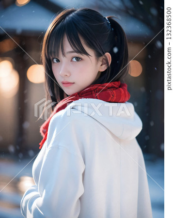 一位年輕女子在雪夜裡孤獨地站在閃閃發光的聖誕燈飾下 一位年輕女子在雪夜裡孤獨地站在閃閃發光的聖誕燈飾下 132368500