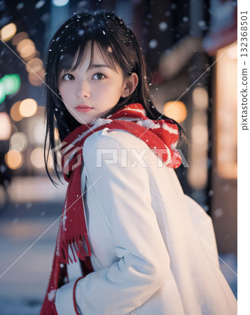 一位年輕女子在雪夜裡孤獨地站在閃閃發光的聖誕燈飾下 132368501