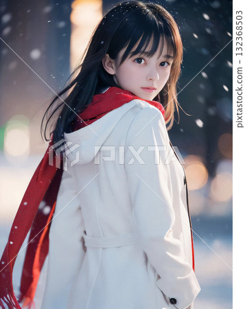 一位年輕女子在雪夜裡孤獨地站在閃閃發光的聖誕燈飾下 132368503