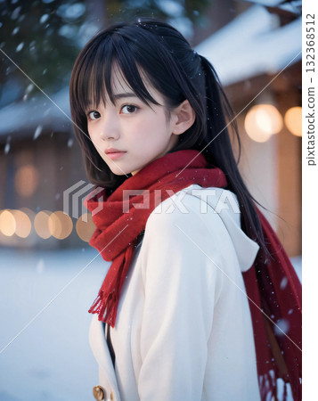 一位年輕女子在雪夜裡孤獨地站在閃閃發光的聖誕燈飾下 132368512
