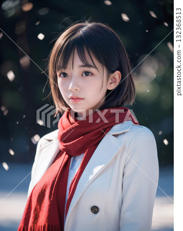 一位年輕女子在雪夜裡孤獨地站在閃閃發光的聖誕燈飾下 132368513