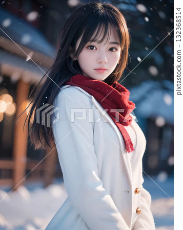 一位年輕女子在雪夜裡孤獨地站在閃閃發光的聖誕燈飾下 一位年輕女子在雪夜裡孤獨地站在閃閃發光的聖誕燈飾下 132368514