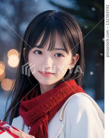 Smiling young woman holding a gift on a snowy night with sparkling Christmas lights Smiling young woman holding a gift on a snowy night with sparkling Christmas lights 132368592