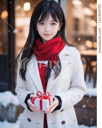 Smiling young woman holding a gift on a snowy night with sparkling Christmas lights Smiling young woman holding a gift on a snowy night with sparkling Christmas lights 132368593
