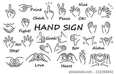 手繪手勢插圖集單色 132368642