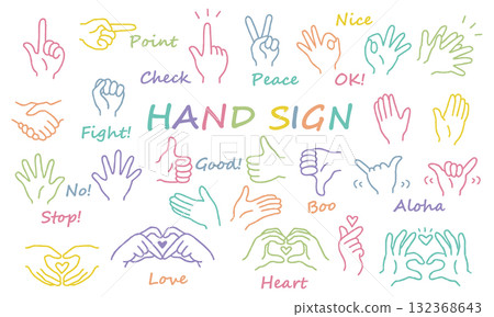 Hand-drawn hand sign illustration set in color 132368643