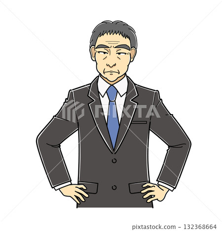 A middle-aged man in a suit with his hands on his hips and a disdainful expression, upper body 132368664
