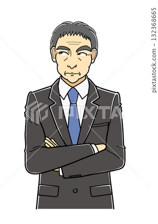 A middle-aged man in a suit thinking with his arms crossed, upper body 132368665