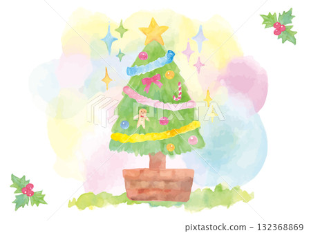 可愛的聖誕樹插圖,帶有柔和的手繪水彩背景。 可愛的聖誕樹插圖,帶有柔和的手繪水彩背景。 132368869