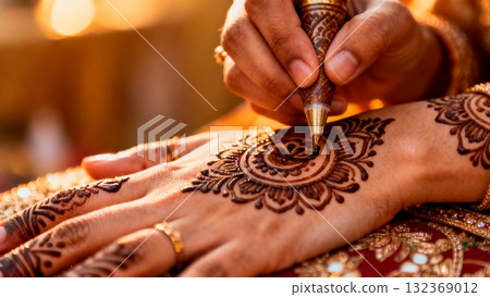 Woman's Hands Applying Henna Mehndi Design Close-up for Wedding Celebration Woman's Hands Applying Henna Mehndi Design Close-up for Wedding Celebration 132369012
