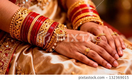 Indian Bride's Hands with Intricate Gold Jewelry and Red Bangles Indian Bride's Hands with Intricate Gold Jewelry and Red Bangles 132369015