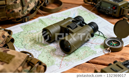 Military Binoculars on Tactical Map Navigation Equipment Military Binoculars on Tactical Map Navigation Equipment 132369017
