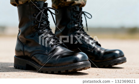 Military Combat Boots Standing at Attention Close-up 132369021