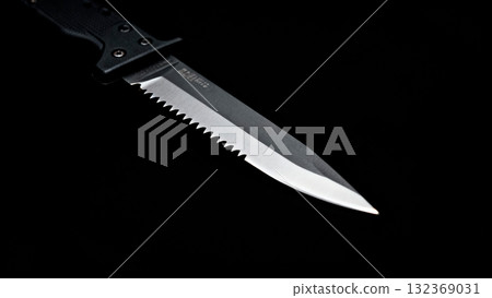 Combat Knife Close-up Blade Detail on Black Background 132369031