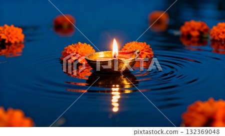 Diya Oil Lamps Floating on Water with Marigold Flowers at Night Diya Oil Lamps Floating on Water with Marigold Flowers at Night 132369048