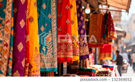 Indian Street Market Scene with Colorful Textiles and Fabrics Indian Street Market Scene with Colorful Textiles and Fabrics 132369052