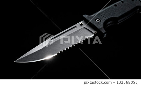 Combat Knife Close-up Blade Detail on Black Background 132369053