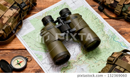 Military Binoculars on Tactical Map Navigation Equipment Military Binoculars on Tactical Map Navigation Equipment 132369060