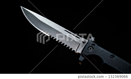Combat Knife Close-up Blade Detail on Black Background 132369066