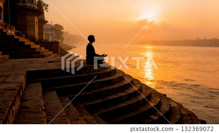 Yoga Meditation Pose at Sunrise by Ganges River 132369072