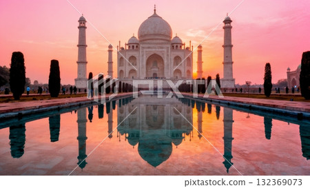 Taj Mahal Monument at Sunrise with Reflection Pool Symmetry 132369073