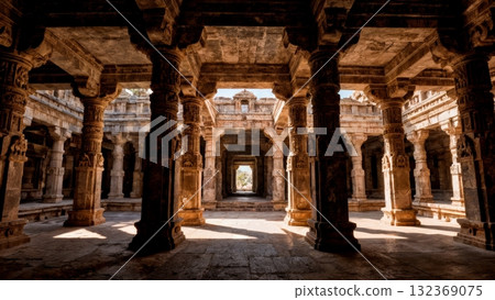 Ancient Hindu Temple Architecture with Carved Stone Pillars 132369075