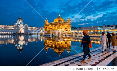 Golden Temple Amritsar Reflected in Sacred Pool at Blue Hour Golden Temple Amritsar Reflected in Sacred Pool at Blue Hour 132369076