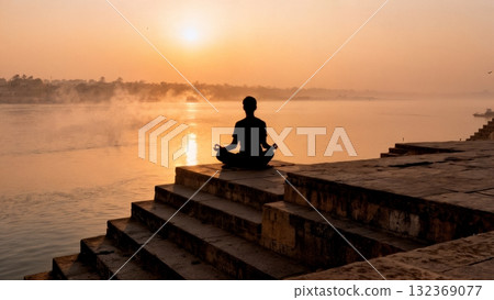 Yoga Meditation Pose at Sunrise by Ganges River Yoga Meditation Pose at Sunrise by Ganges River 132369077