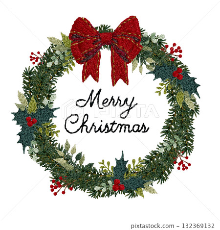 [帶文字的聖誕花環圓框]手工刺繡插畫素材 132369132