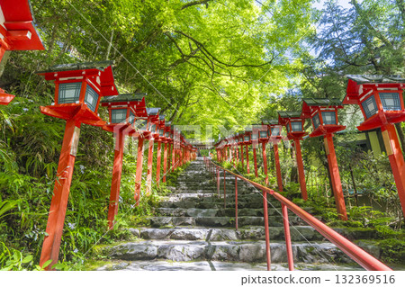 鮮綠的貴船神社、朱紅色的燈籠和石階 132369516