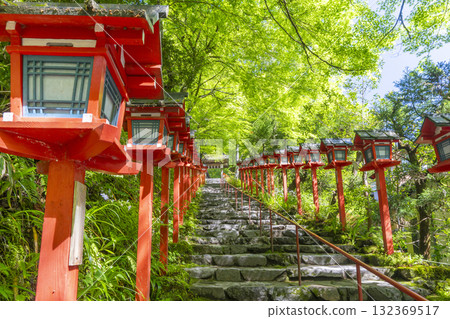 鮮綠的貴船神社、朱紅色的燈籠和石階 鮮綠的貴船神社、朱紅色的燈籠和石階 132369517