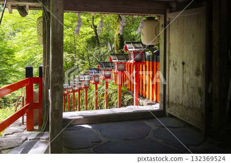 Fresh greenery at Kifune Shrine: Vermilion lanterns and stone steps seen from the inner gate Fresh greenery at Kifune Shrine: Vermilion lanterns and stone steps seen from the inner gate 132369524