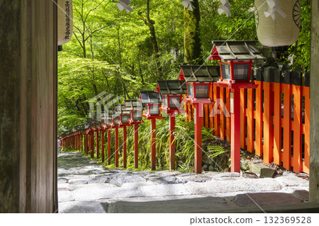 Fresh greenery at Kifune Shrine: Vermilion lanterns and stone steps seen from the inner gate Fresh greenery at Kifune Shrine: Vermilion lanterns and stone steps seen from the inner gate 132369528