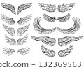 Vector set of outline clip arts of bird wings. Collection of outline angel wings isolated on the background. 132369563