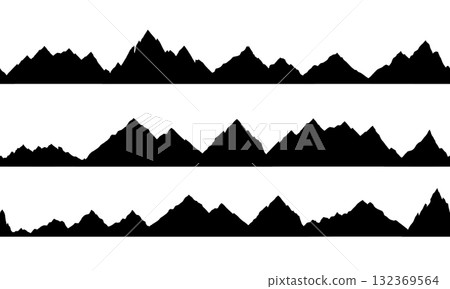 Mountain silhouettes seamless borders set. Collection of black prints peaks friezes. 132369564