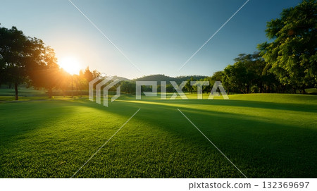 Wide golf fairway background lush grass under sunlight clear sky 132369697