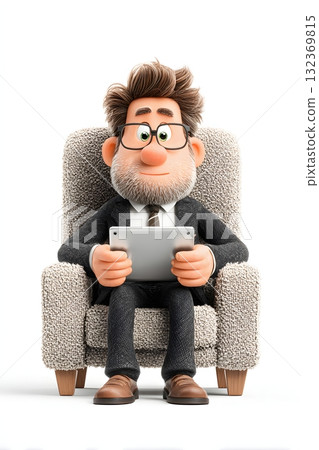 3D cartoon businessman sitting on chair working on tablet device isolated on white background 3D cartoon businessman sitting on chair working on tablet device isolated on white background 132369815