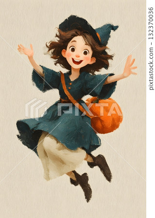 3D cartoon witch girl flying above pumpkin happy expression cute style isolated on white background 132370036