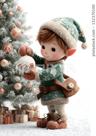 3D cartoon elf boy decorating Christmas tree cheerful face isolated on white background 3D cartoon elf boy decorating Christmas tree cheerful face isolated on white background 132370100