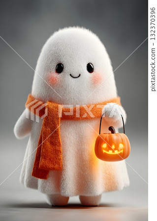 3D cartoon ghost holding pumpkin lantern smiling brightly isolated on white background 3D cartoon ghost holding pumpkin lantern smiling brightly isolated on white background 132370396