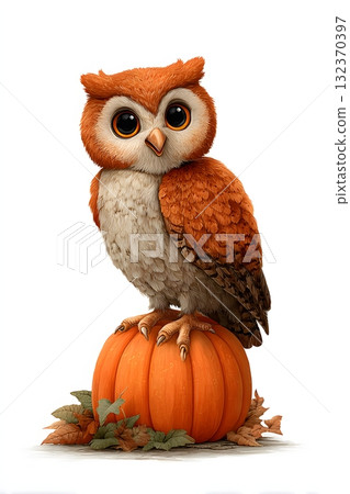 3D cartoon owl sitting on pumpkin cheerful eyes smiling isolated on white background 3D cartoon owl sitting on pumpkin cheerful eyes smiling isolated on white background 132370397