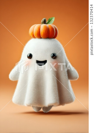 3D cartoon ghost popping out of pumpkin smiling cute face isolated on white background 132370414
