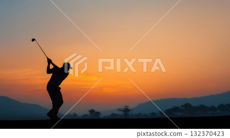 Golf background sunrise silhouette player swinging clear sky 132370423