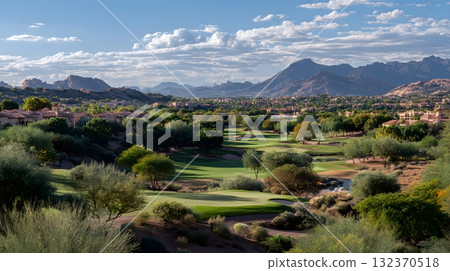 Golf course panoramic background desert style fairway scenic 132370518
