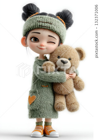 3D cartoon Frankenstein girl holding teddy bear happy face isolated on white background 132371006