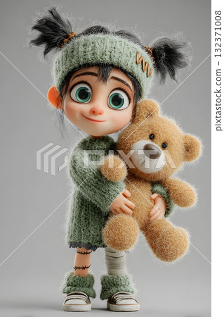 3D cartoon Frankenstein girl holding teddy bear happy face isolated on white background 132371008