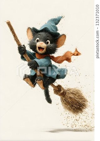 3D cartoon witch cat flying on broomstick cheerful expression isolated on white background 132371010