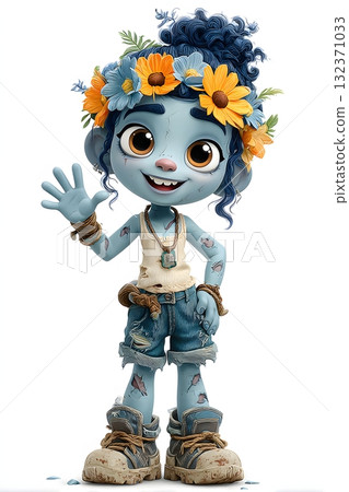 3D cartoon zombie girl waving happily cute outfit isolated on white background 132371033